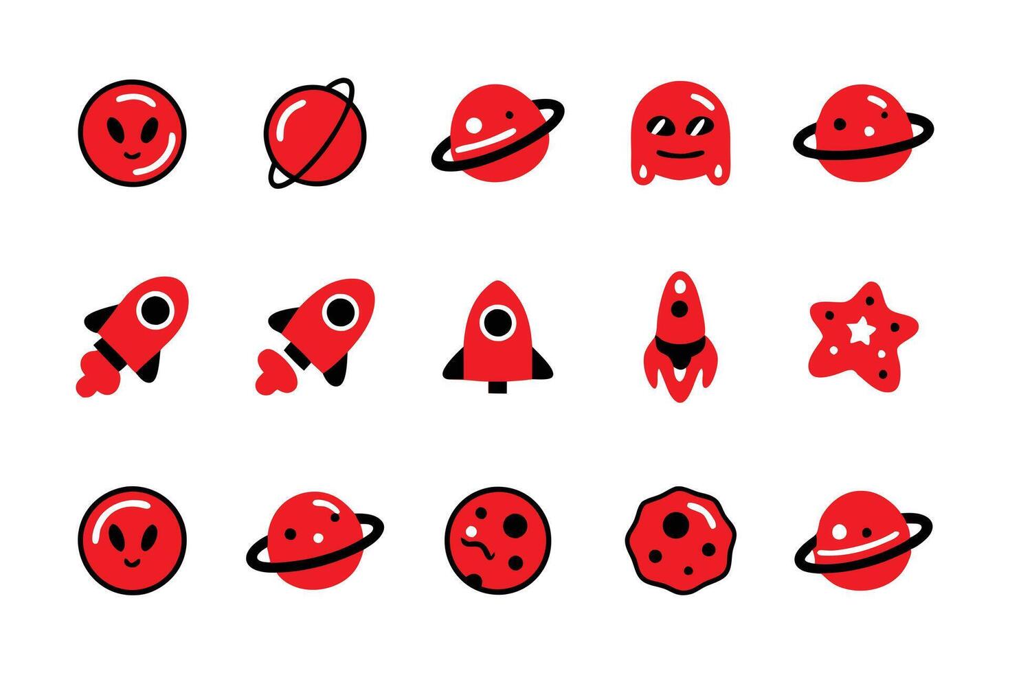 A collection of vibrant red space-themed icons, perfect for playful projects or educational materials. vector