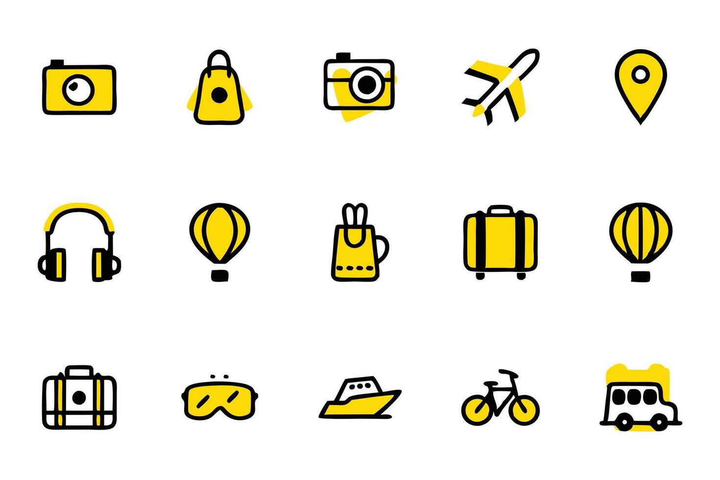 This vibrant image features a collection of simple, outlined travel icons in bold yellow against a clean white backdrop. vector