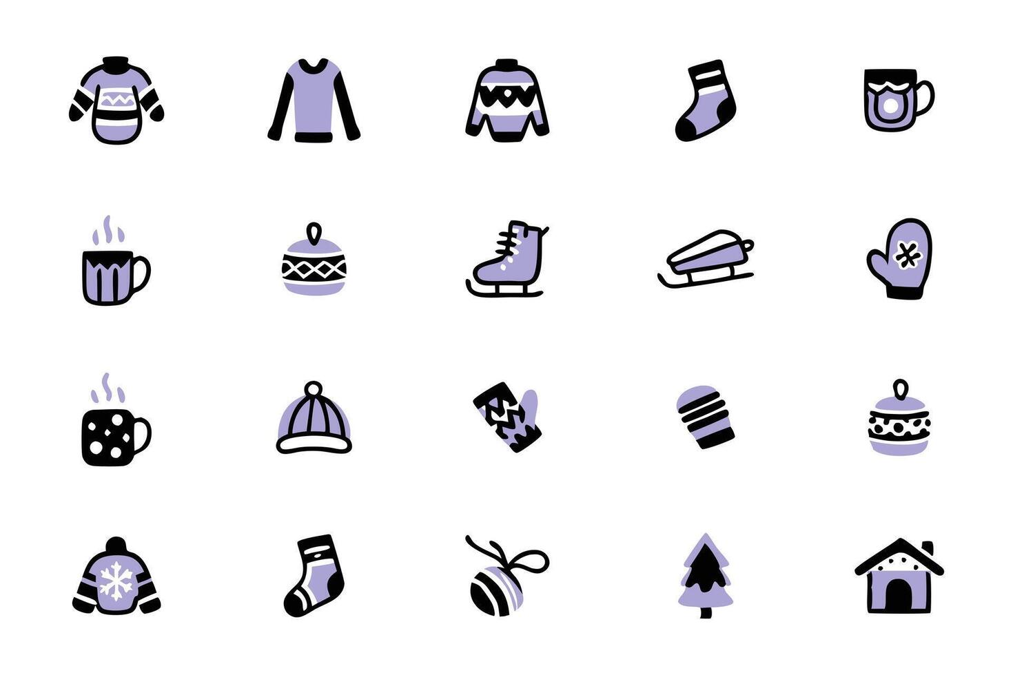This set features a collection of simple, hand-drawn winter icons in shades of purple and black. vector