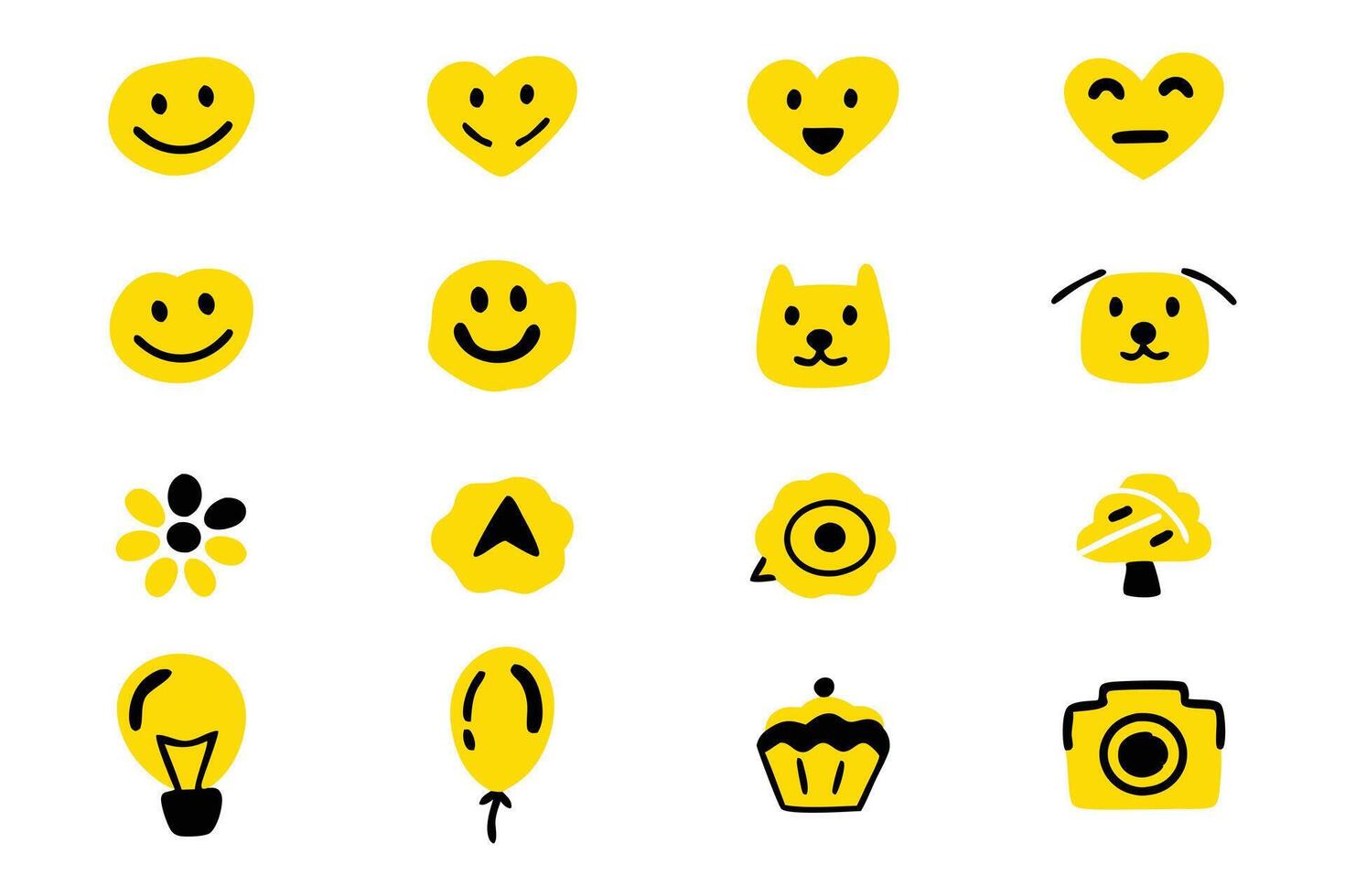 This image features a set of simple, hand-drawn style icons in bright yellow with black outlines. vector