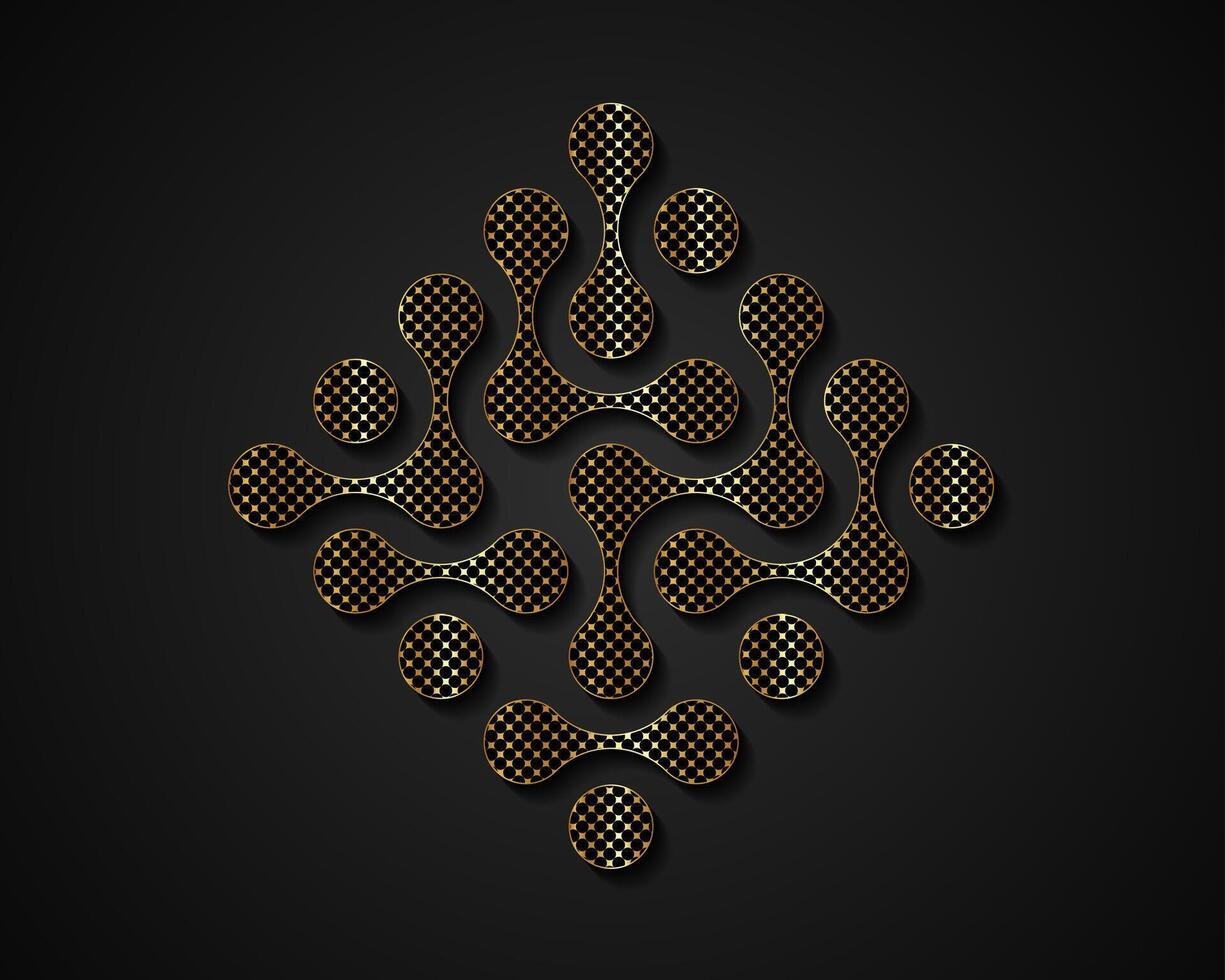 Technology connection logo design, fluid transition sign, integration abstract symbol. circles point movement, in gold color isolated on black background vector