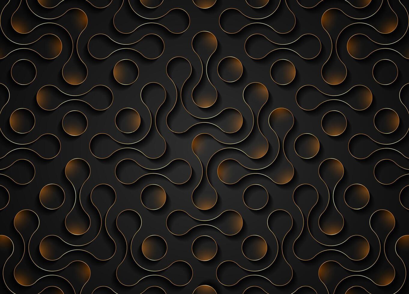 Technology connection pattern design, fluid transition texture, integration abstract symbol. circles point movement, waves light effect banner in gold color isolated on black background vector