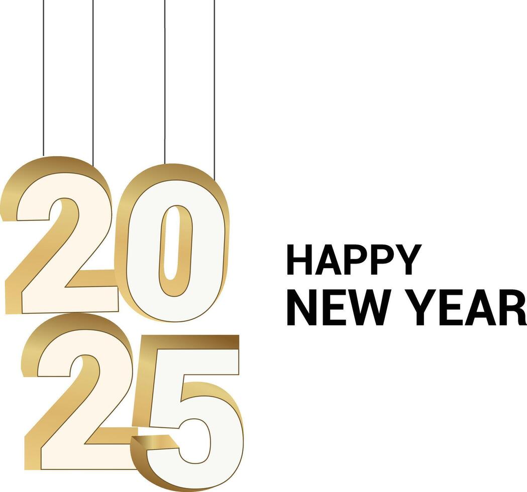 Hanging Golden 2025 Happy New Year Text Design - Modern Holiday Greeting Card Illustration vector