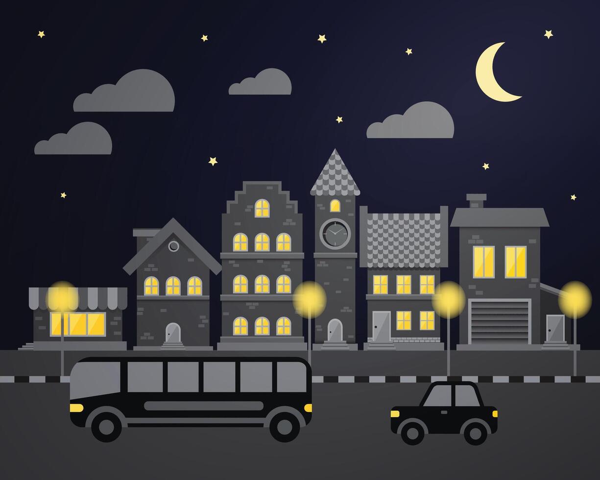 Night city street scene with bus and cars vector