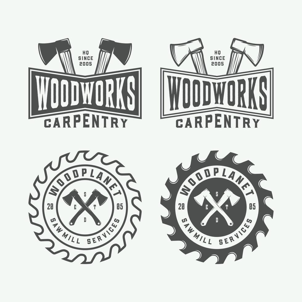 Woodworks logo design set with saws and axes vector