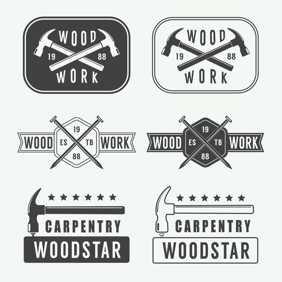 Woodworking logo set with hammer and saw vector