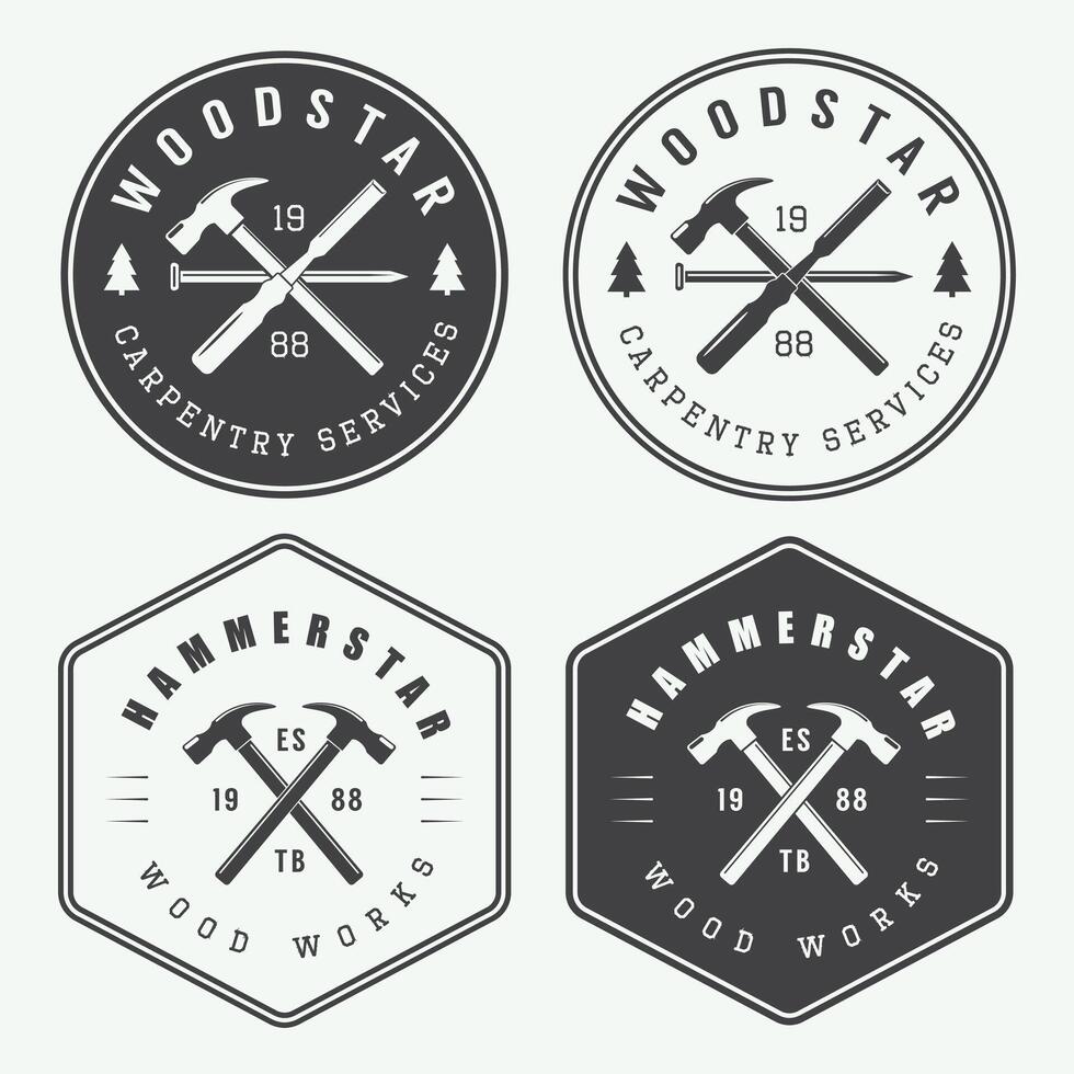Woodworking logo design set with hammer and saw vector