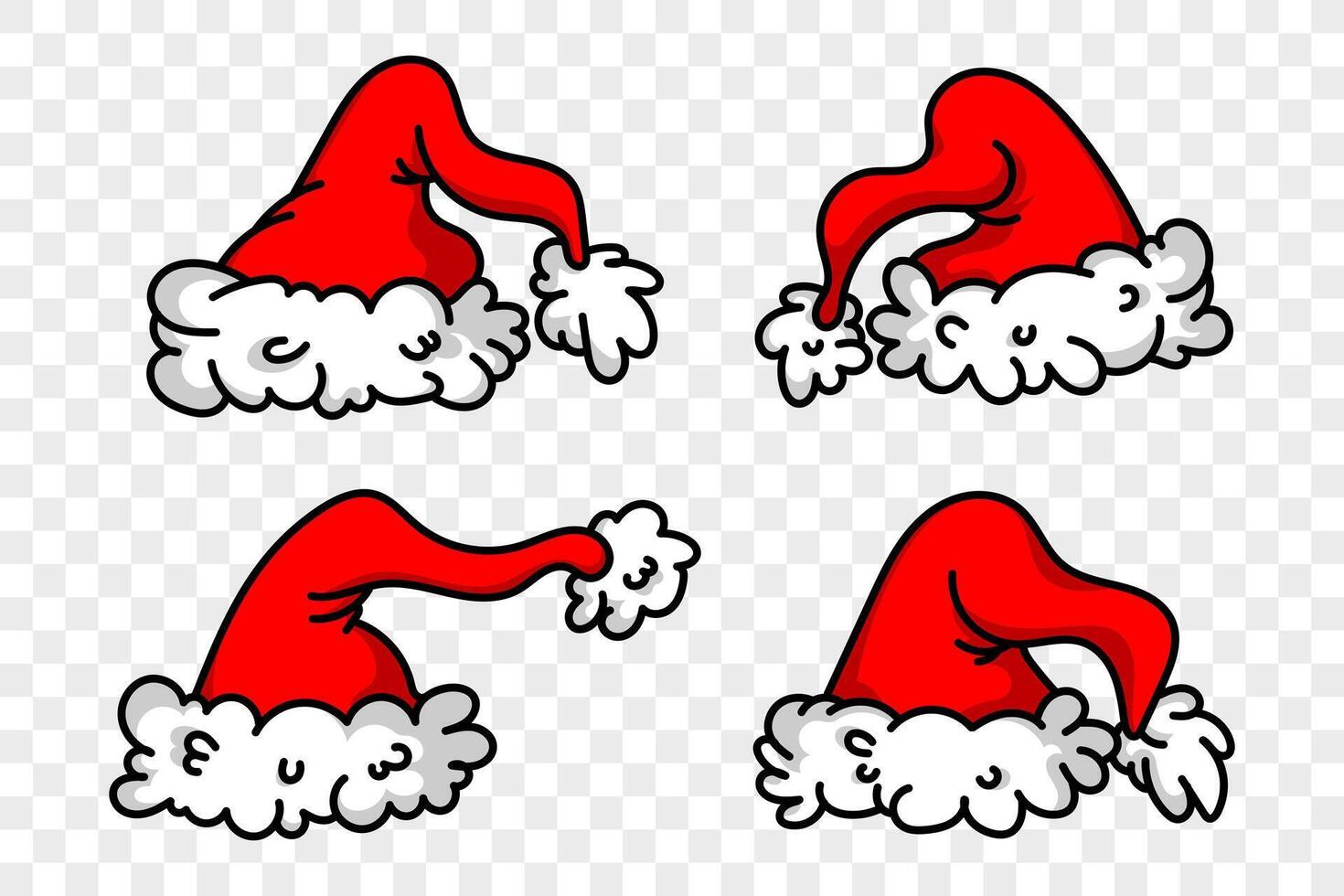 Set of Christmas Santa Hat in cartoon style. Illustration of hats for the New Year. Hand drawn illustration vector