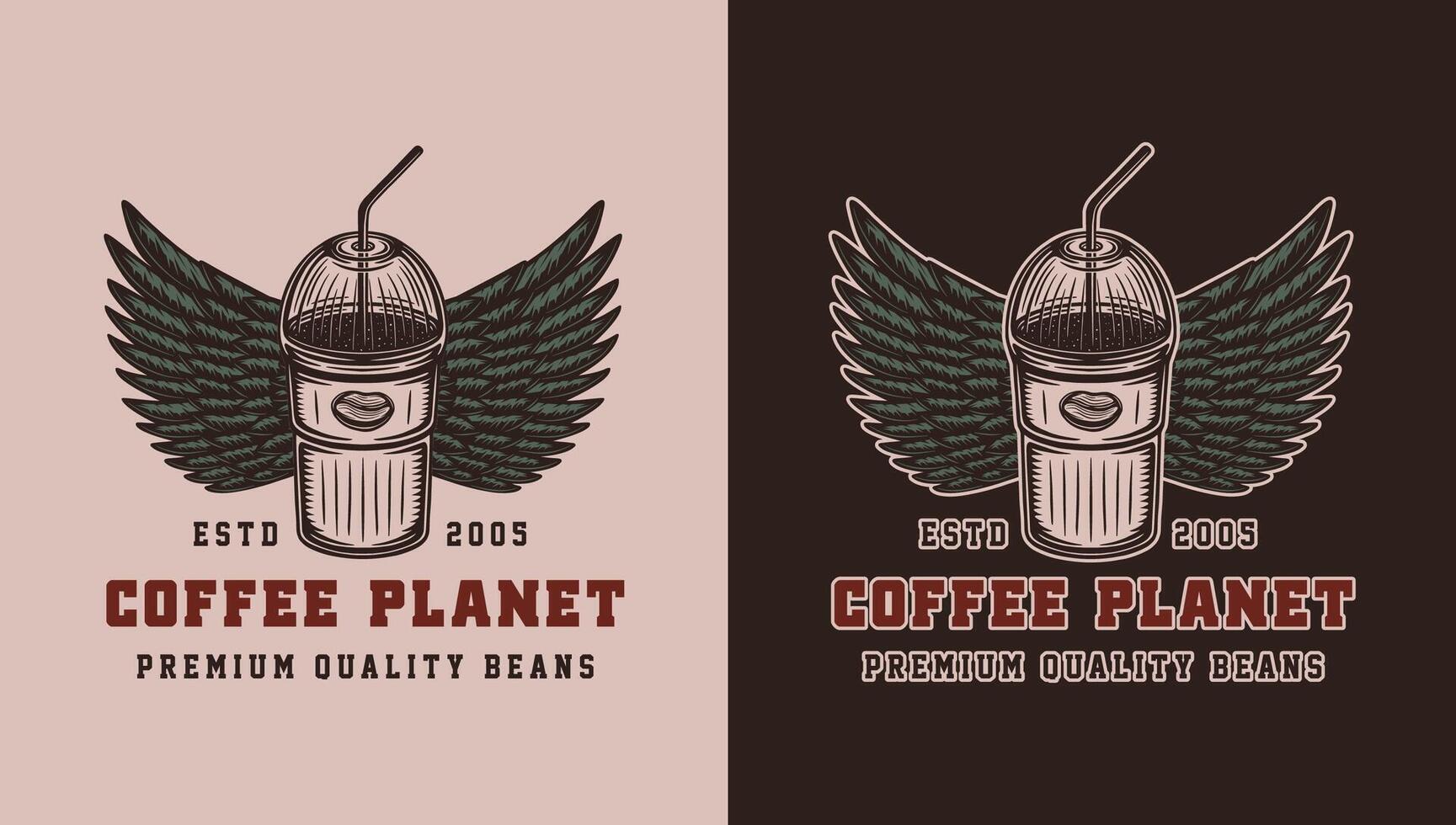 Coffee planet logo design with wings and coffee cup vector