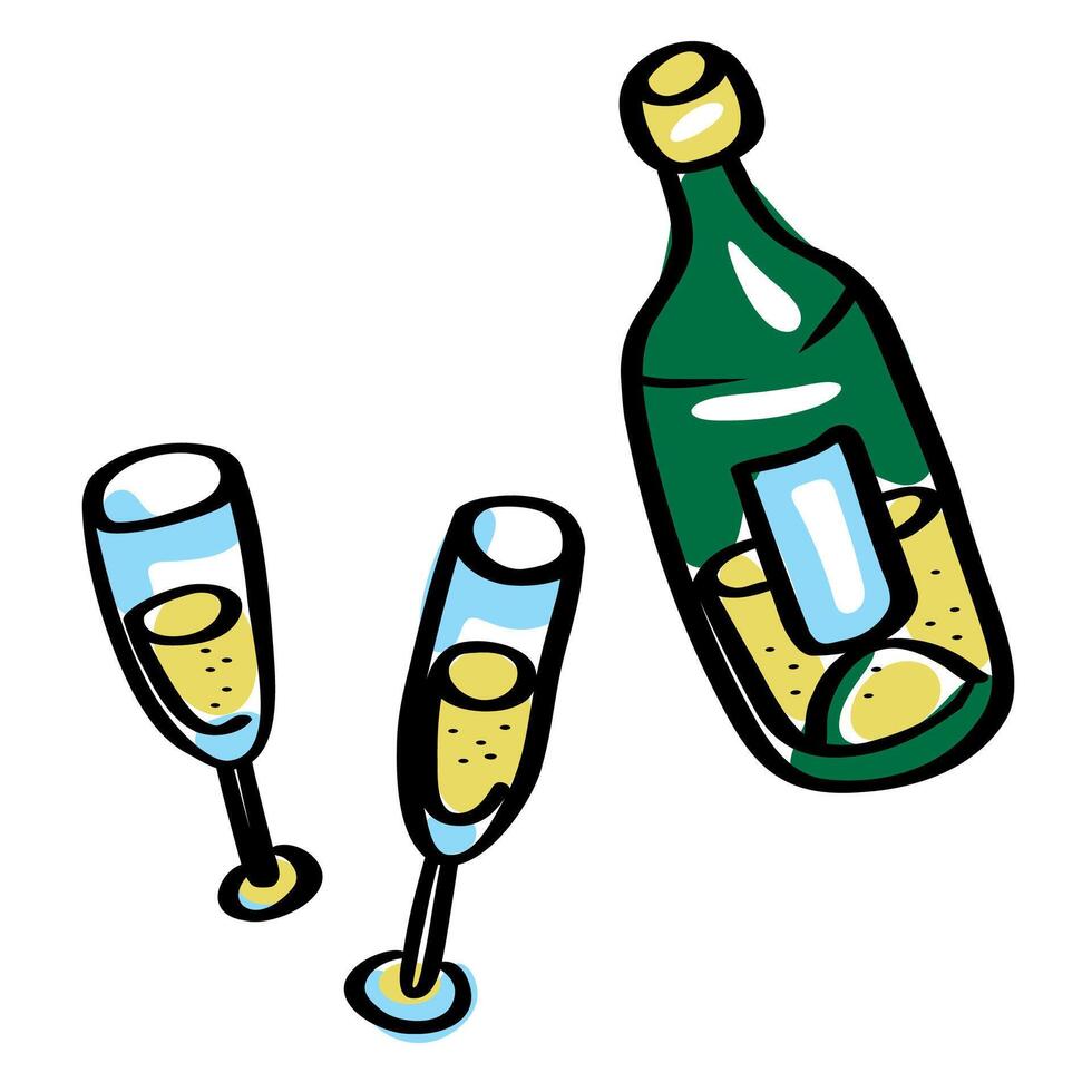 Champagne glass bottle with two glasses. Doodle flat color illustration. Birthday, anniversary, celebration, party. Prints, web design, stationery design, greeting cards, invitations, menus and etc. vector