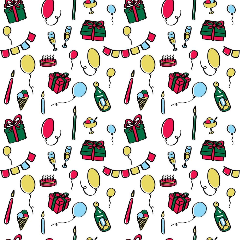 Birthday Seamless Pattern. Endless ornament, doodle colorful elements on a white background. Wallpapers, backgrounds, prints, wrapping, design papers, stationery design, packaging, gifts, decor vector