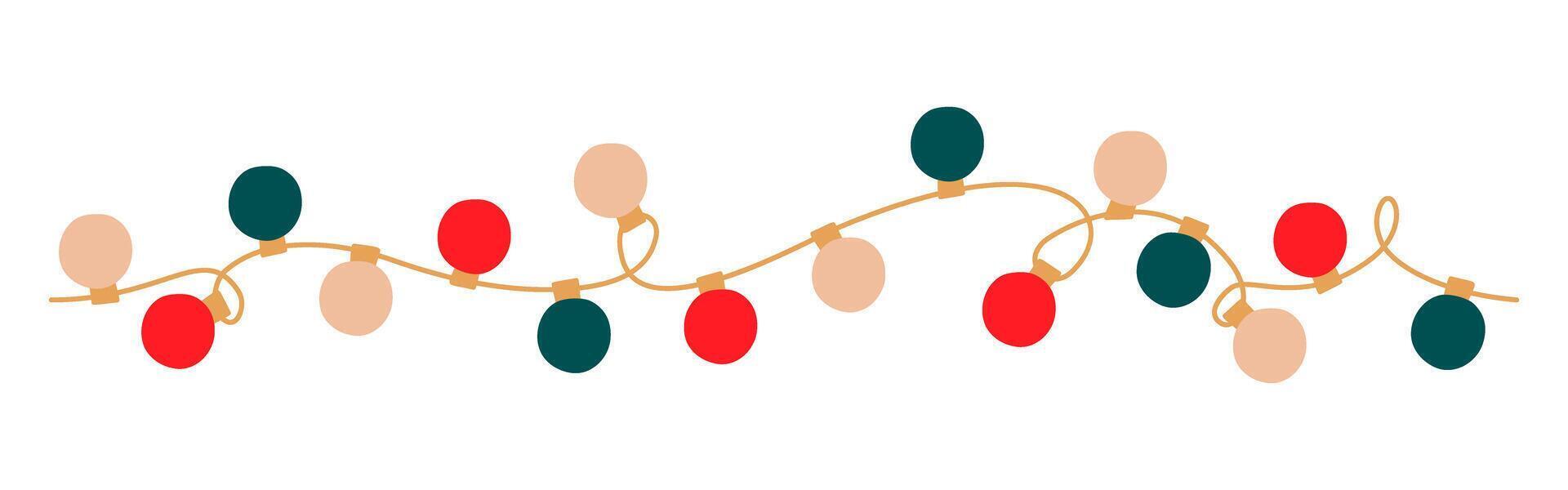 Christmas lights garland circle colored bulbs. Glowing Xmas festive tangled string decoration with hanging retro lamps lightbulb for holiday cards, banners, posters, web. Isolated illustration. vector