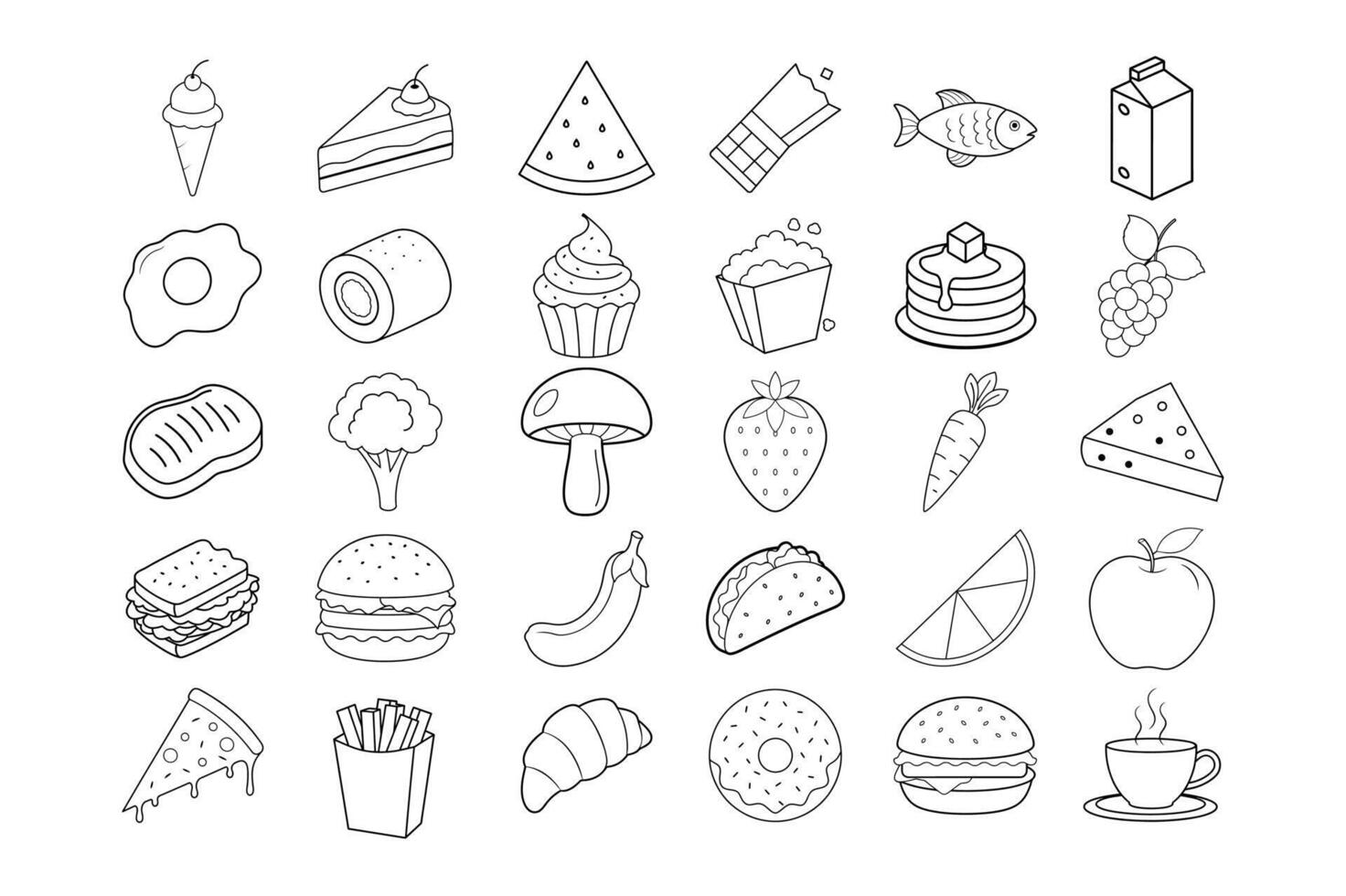 a set of food icons in a line style on white background vector