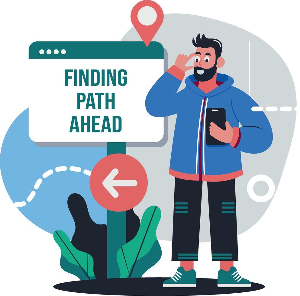 A flat illustration of character using finding path app vector