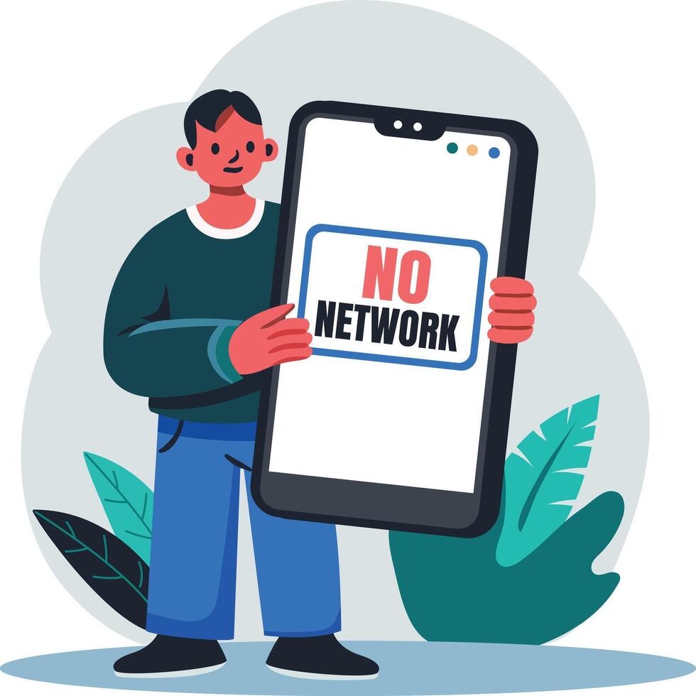A flat illustration of a character with no network on mobile vector