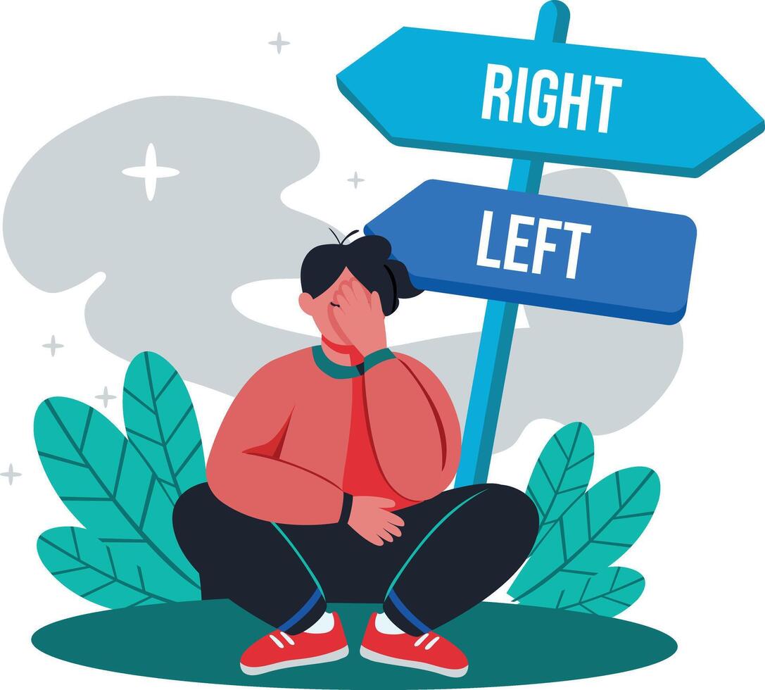 A flat illustration of a confused character sitting near directional board vector