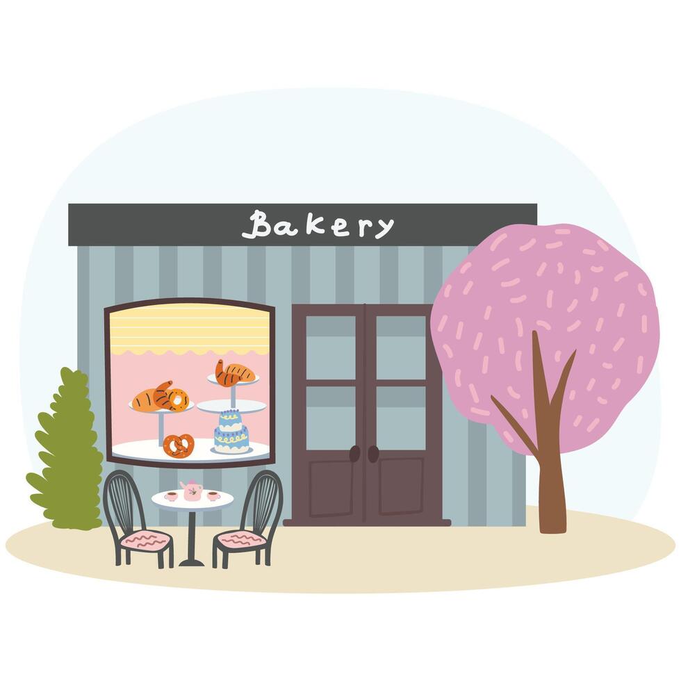 Bakery shop facade with signboard isolated flat cartoon building. Showcase with bread and cakes products, vector