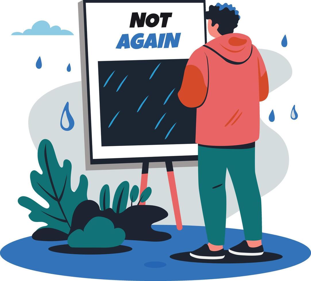 A flat illustration of a character standing in raining with not again typography vector