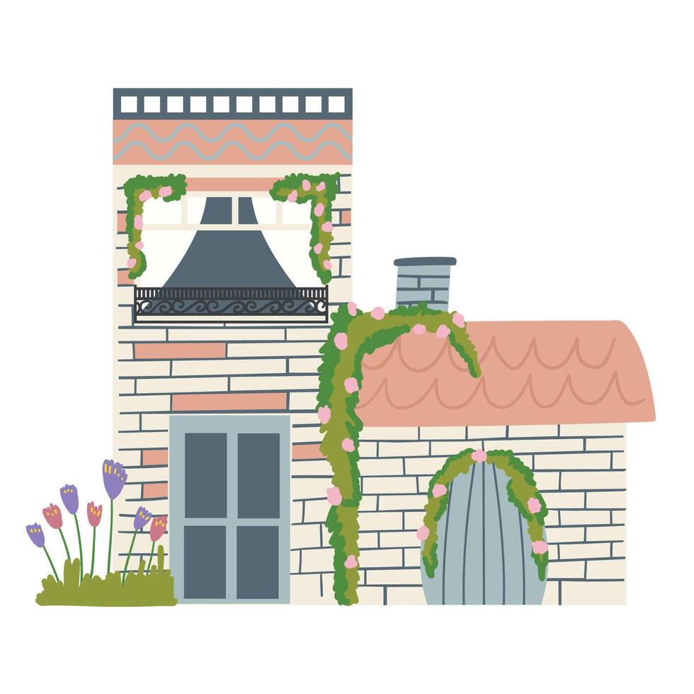 Cozy little house, lots of greenery. A house for a family. Windows, curtains, chimney. illustration on white background vector