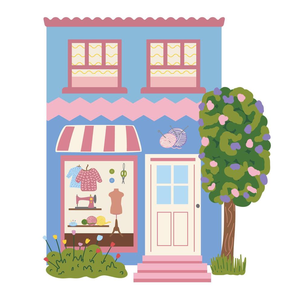 Needlework store, sewing store. Goods for sewing. Small cute store with items for needlework. Illustration on a white background vector