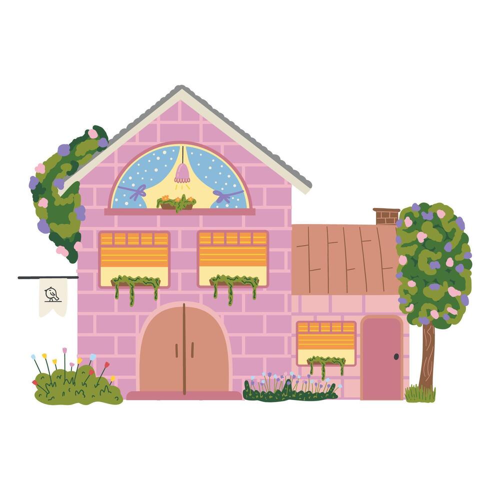 Cozy little house, lots of greenery. A house for a family. Windows, curtains, chimney. illustration on white background vector