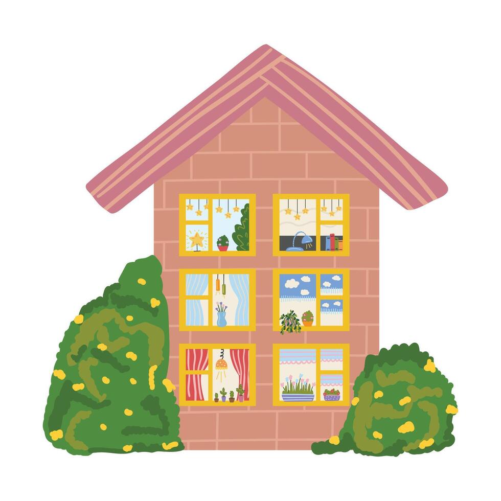 Cozy little house, lots of greenery. A house for a family. Windows, curtains, chimney. illustration on white background vector