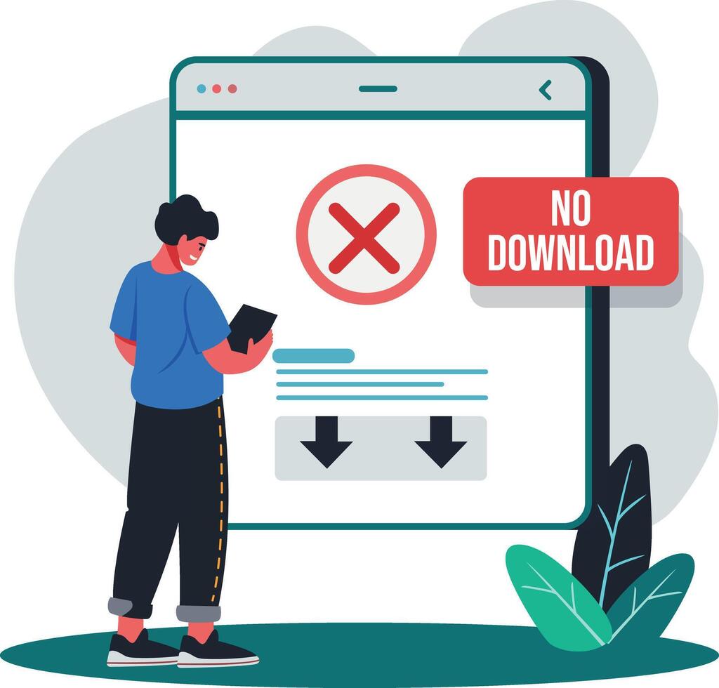 A flat illustration of a character facing download fail error vector