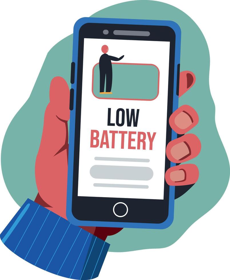 A flat illustration of a mobile phone with low battery vector