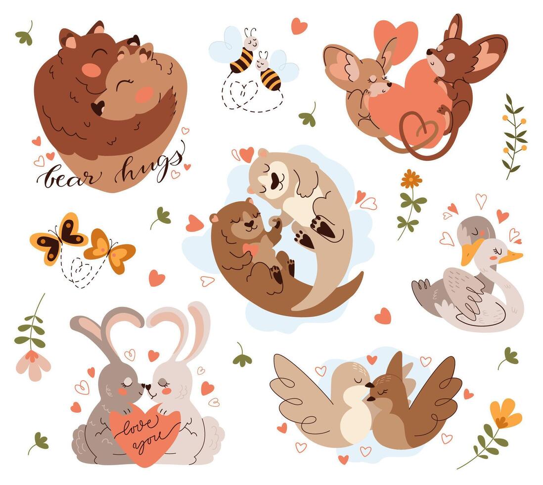 Hand Drawn Animals Couples Set, Valentine Day Pets vector
