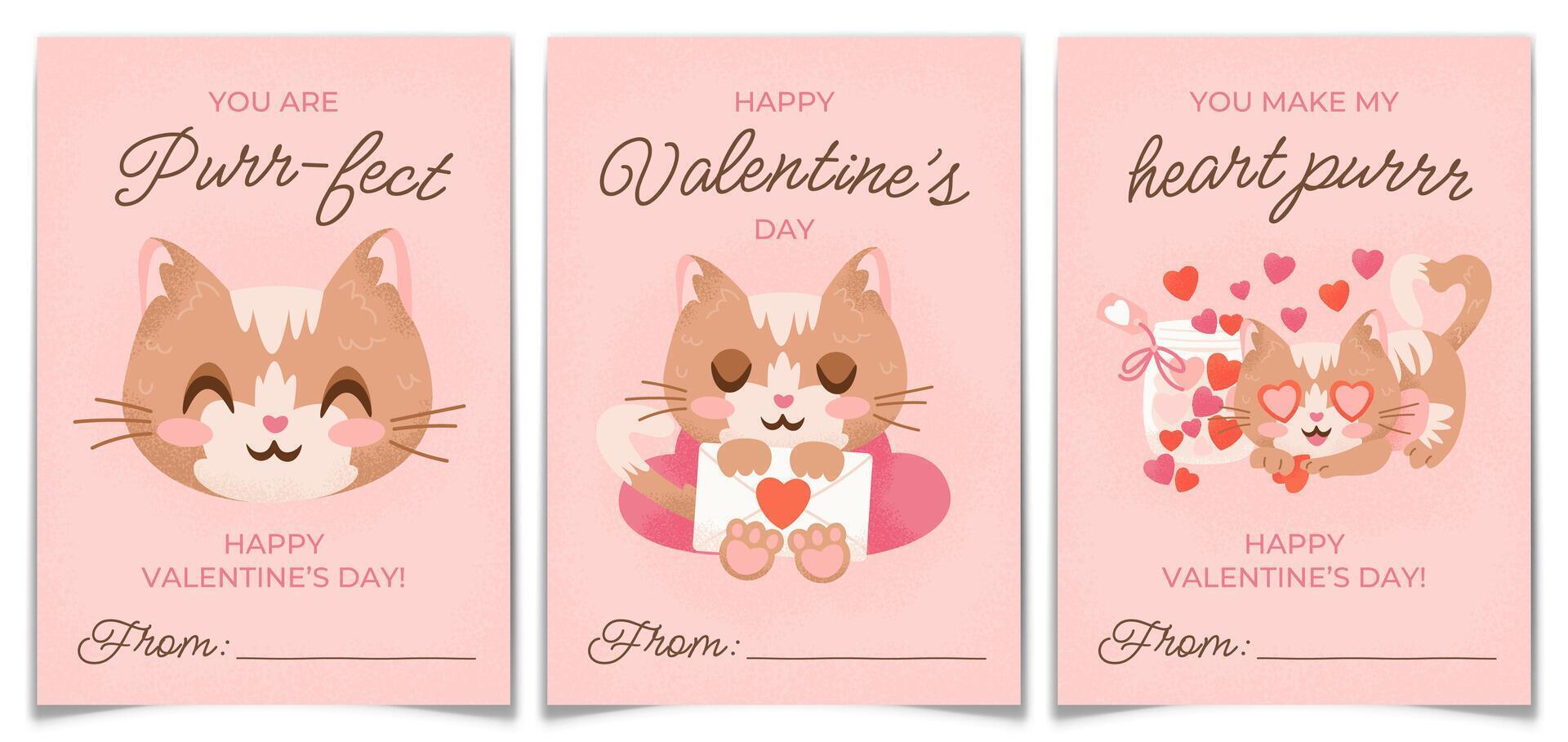 Valentines Day Cards Set with Hand Drawn Red Cats. vector