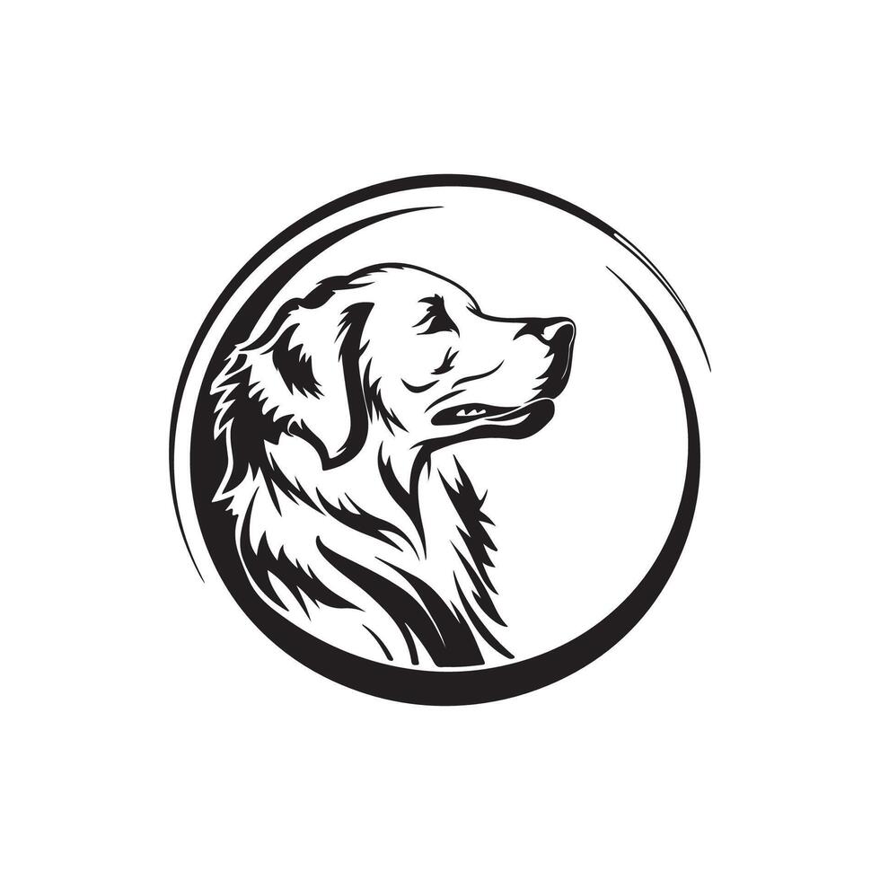 A logo of a golden retriever head in a circle. Black and white and has a simple, clear design. vector