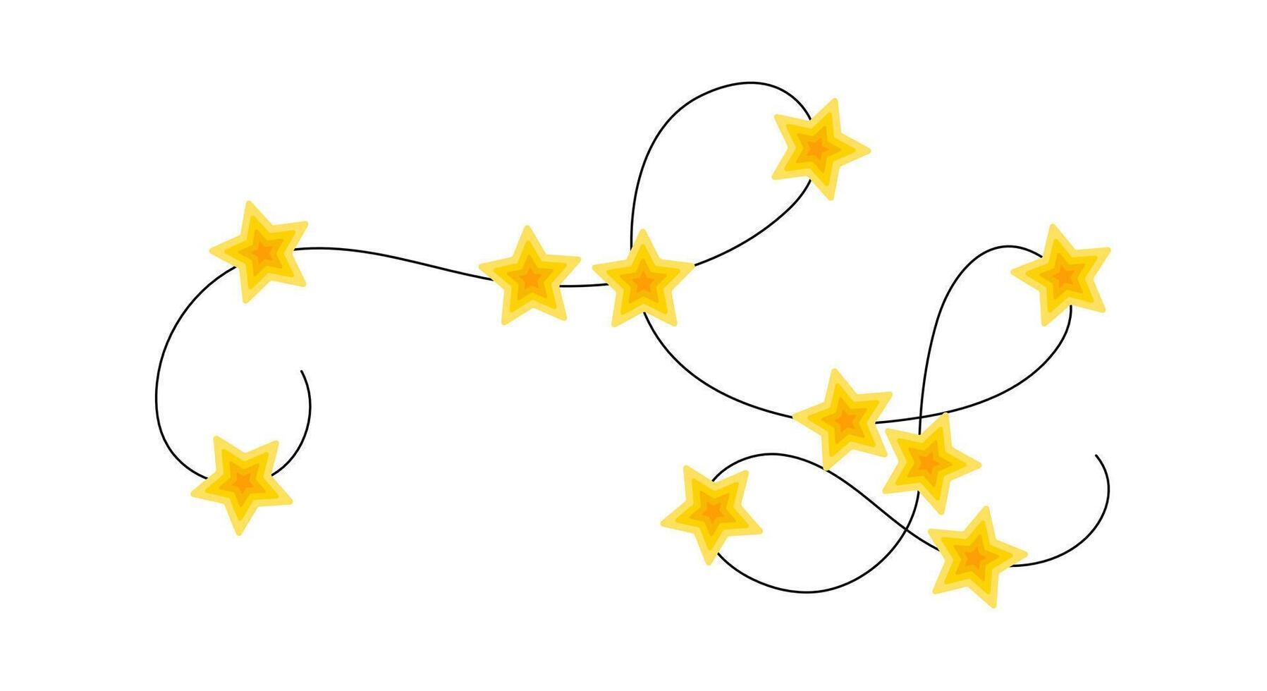 Festive design with curly string garlands and bright yellow star lights, suitable for Christmas, winter, or birthday decorations in a flat cartoon style vector