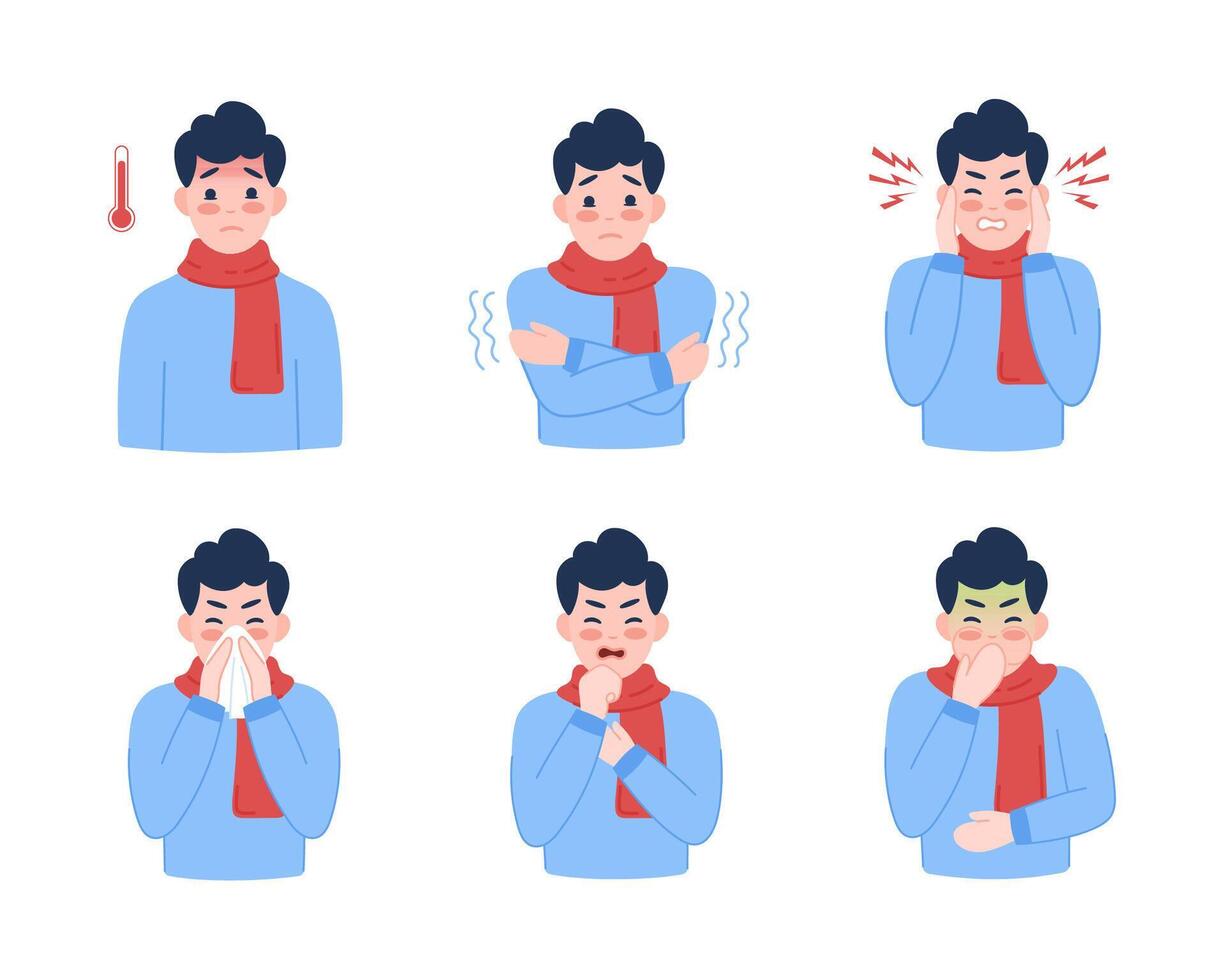Flu symptoms. Man showing cold symptoms. Flu symptoms, fever, cough, chills, dizziness, nausea, runny nose, headache, sore throat, illness. vector