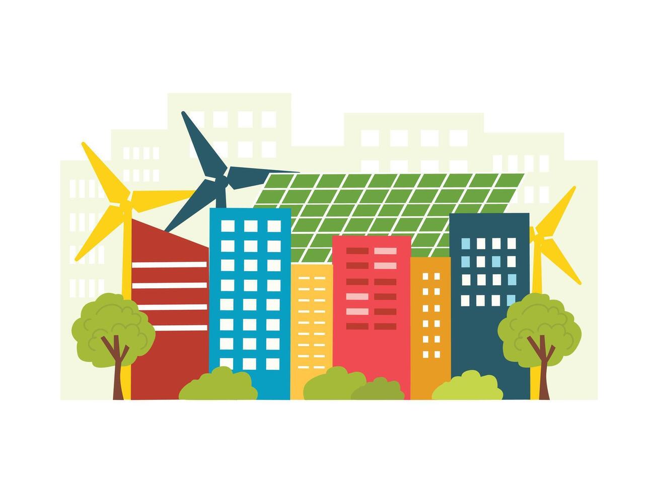 Colorful building with renewable energy illustration vector
