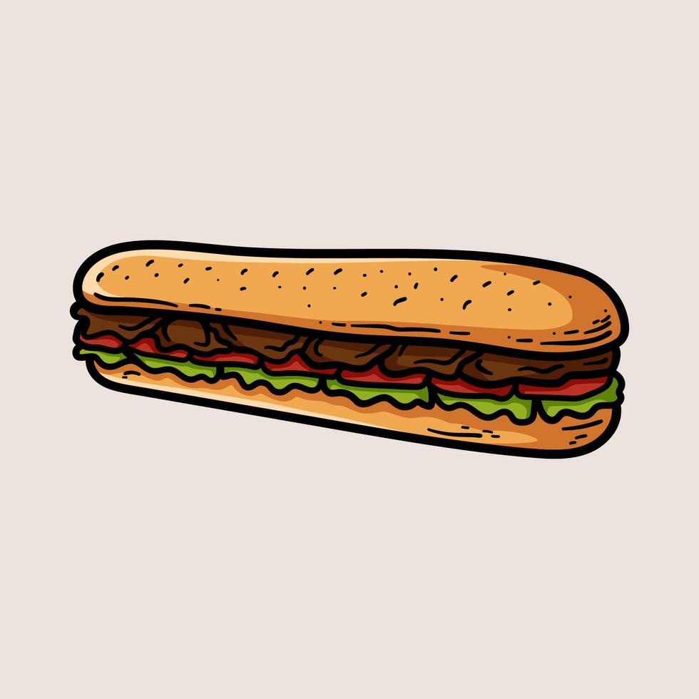 big beef sandwich with vegetables isolated colored drawing line art style sketch classic vintage design illustration vector