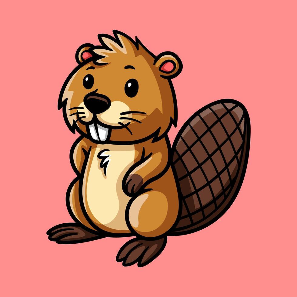 fun beaver cartoon character isolated colored drawing line art style sketch classic vintage design illustration vector
