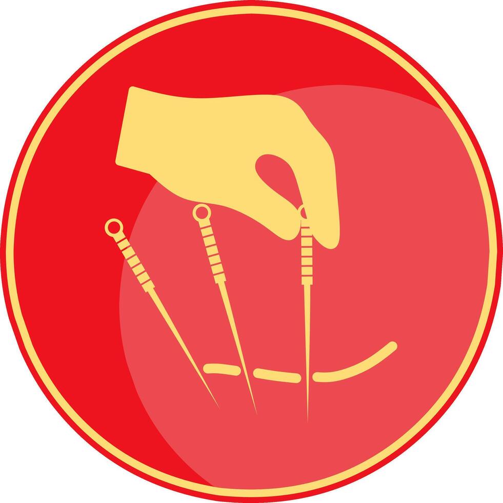 Golden hands hold gold acupuncture needle in red circle background illustration vector