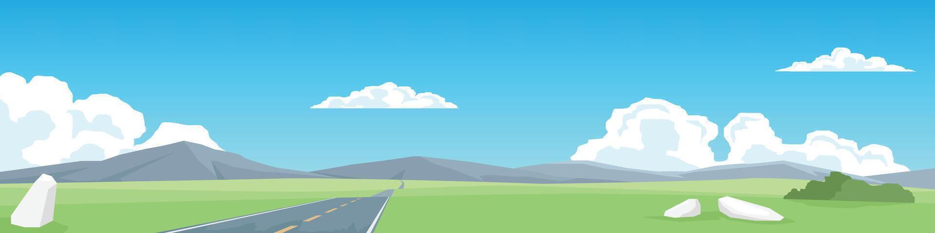 Horizontal or landscape of smooth hills and asphalt road. On the wide grassland. Grasses growing on both sides. Softe color of mountain and blue sky with white clouds. vector