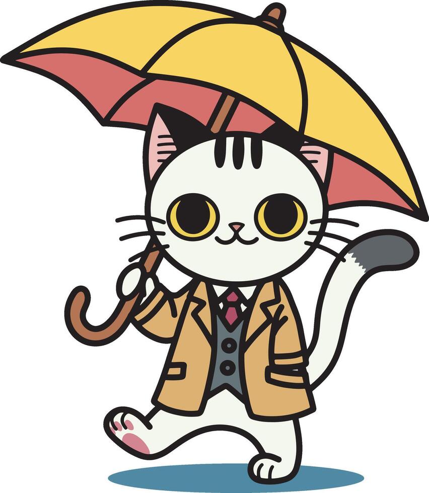 Cat with yellow umbrella cartoon illustration vector