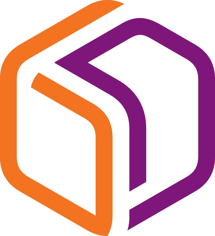 The logo for the company is an orange and purple cube vector
