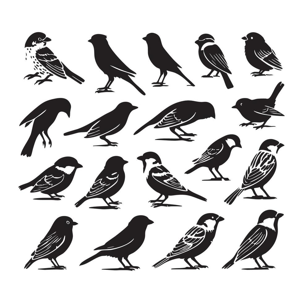 Sparrows in silhouette scattered across a plain white surface vector