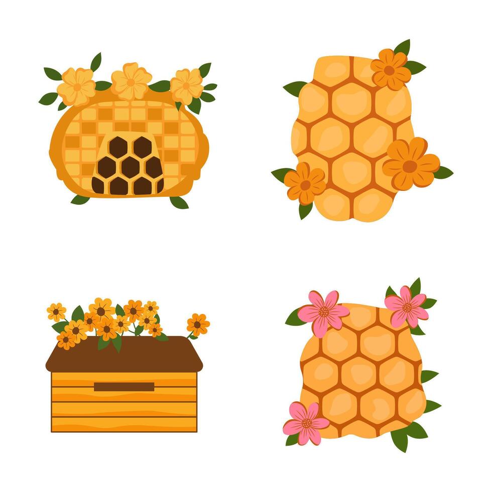 Elements Set of Yellow Hexagon Honeycomb Honey Bee Home House with Flower Floral Plant vector