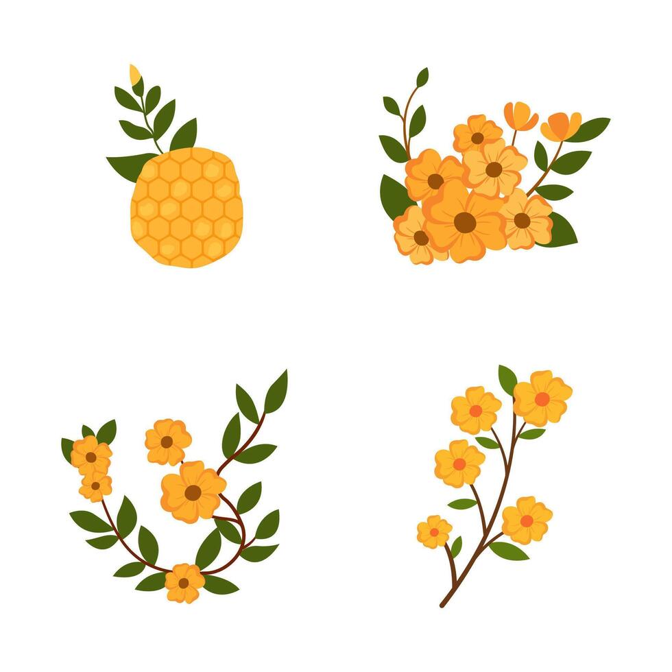 Elements Set of Yellow Honeycomb Honeybee Bee with Flower Floral Plant vector