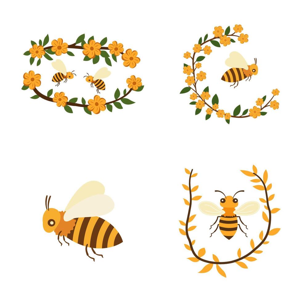 Elements Set of Honeybee Bee Insect Animal Flying with Yellow Flower Crown vector