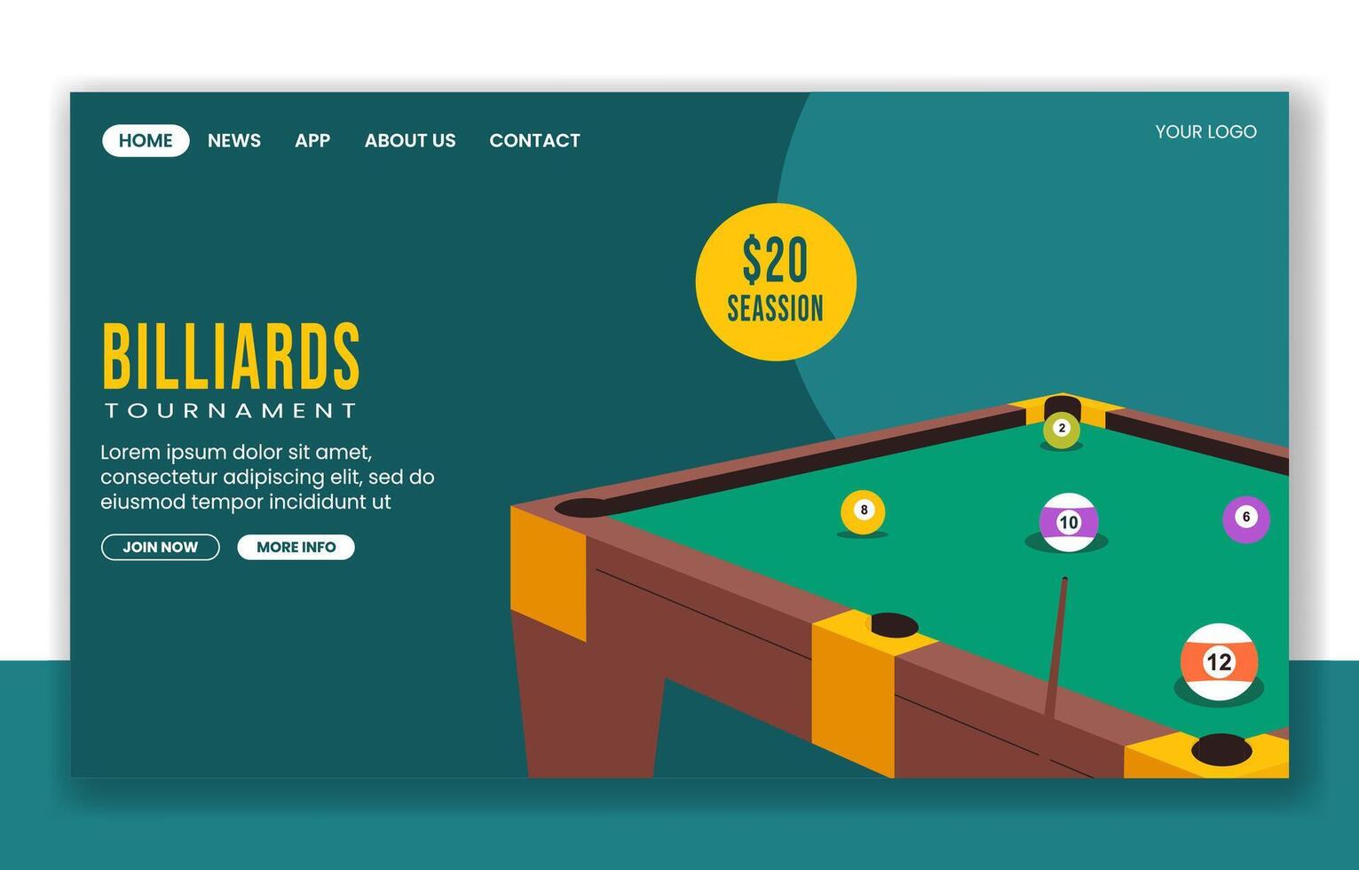 Social Media Landing Page Design Featuring Billiards Game in Flat Cartoon Style vector