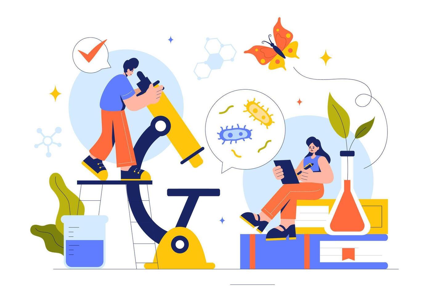 Scientific Illustration Featuring DNA Molecule, Virus, and Genetic Research in a Flat Cartoon Style vector
