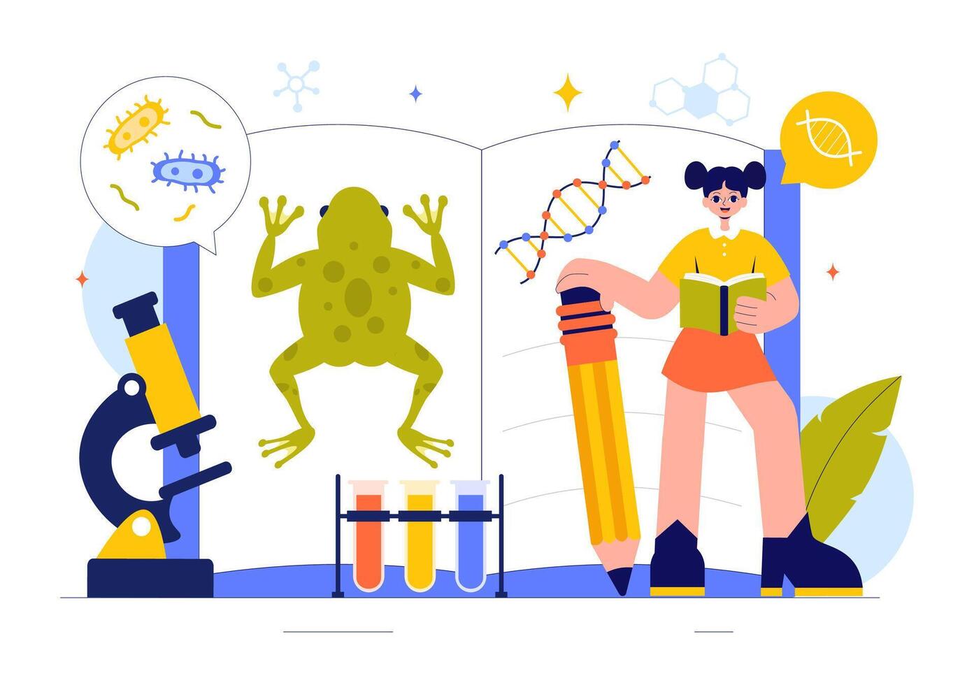 Biotechnology Illustration with DNA, Genome, and Virus in a Flat Style Cartoon Background vector