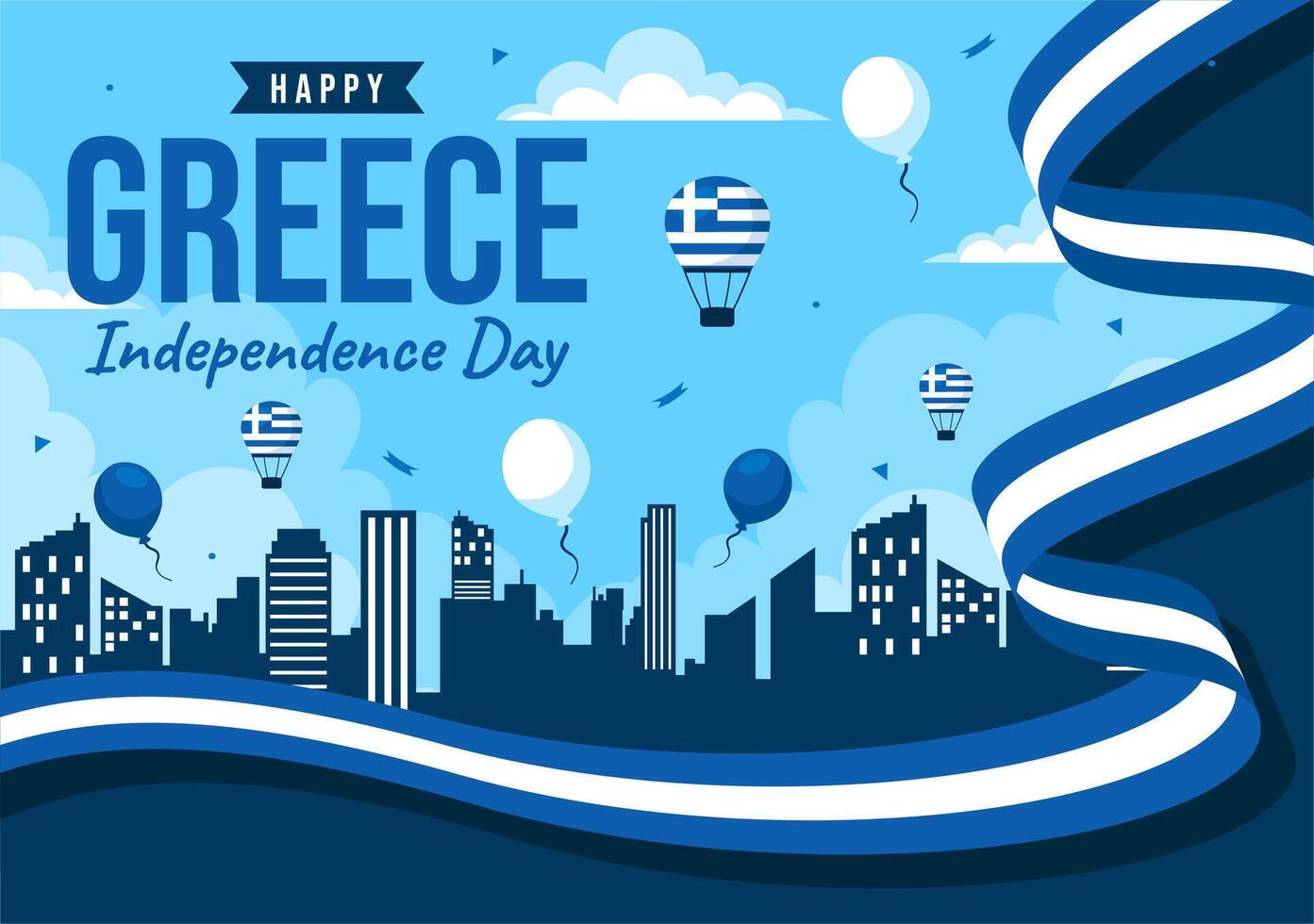 Greece Independence Day Illustration on March 25th with Greek Flag and National Ribbon in Flat Cartoon Style vector