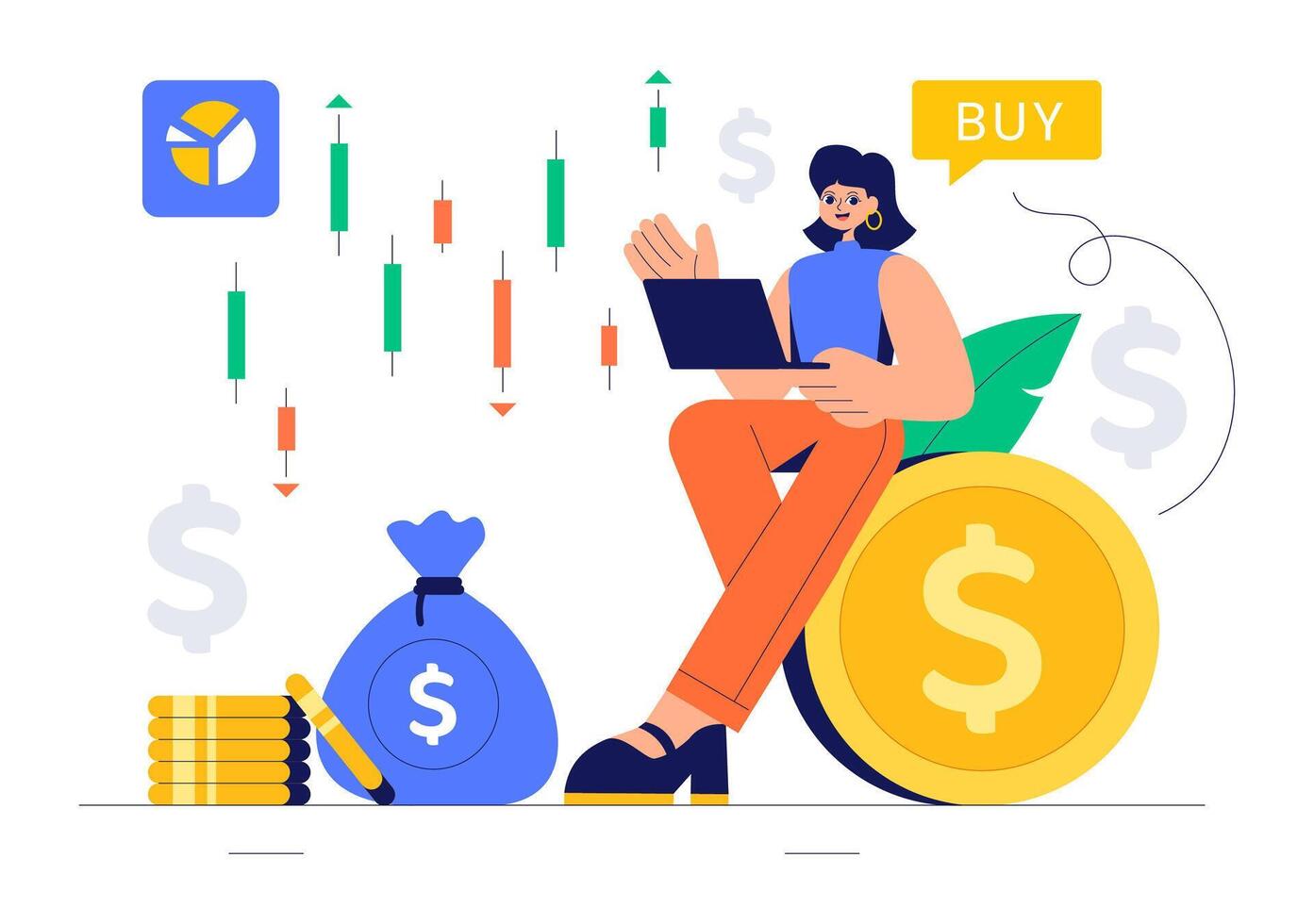 Financial Trader Illustration with Chart Analysis, Candle Bars, and Digital Candlestick Graphs vector