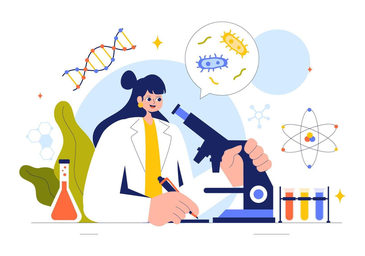 Illustration of Biology Concepts Featuring DNA, Chemistry, and Genetic Science in a Flat Background vector